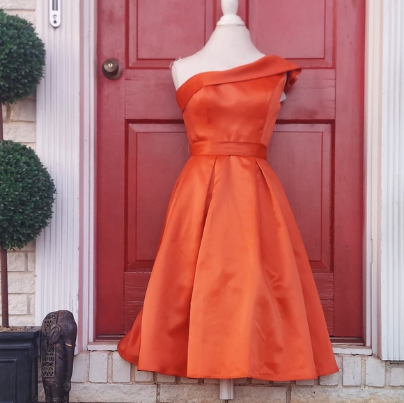NWT Morilee Off the Shoulder Formal Orange Flounce Midi Formal Prom Dress - Picture 2 of 14